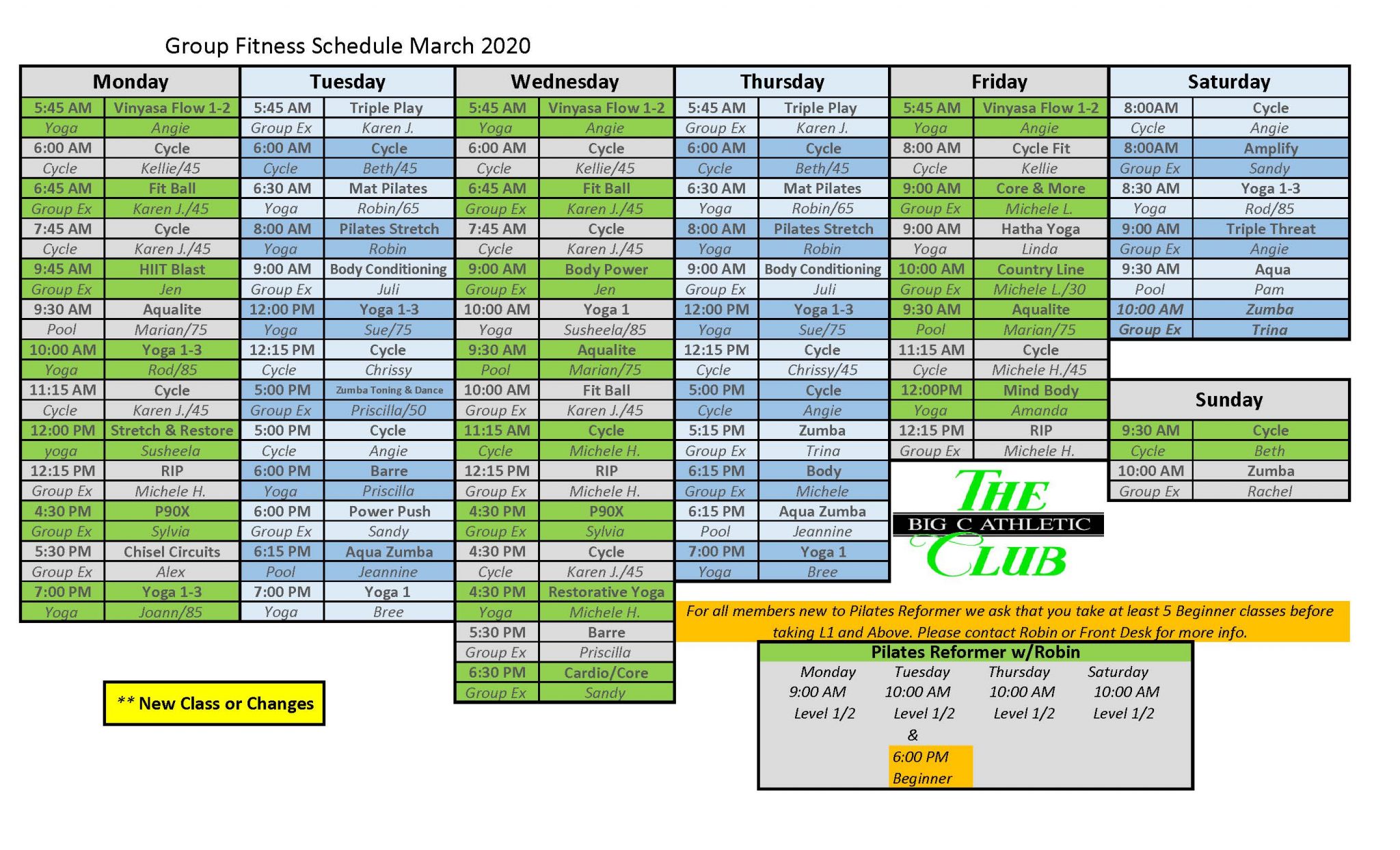 Class Schedule & Sub List The Big C Athletic Club We are a
